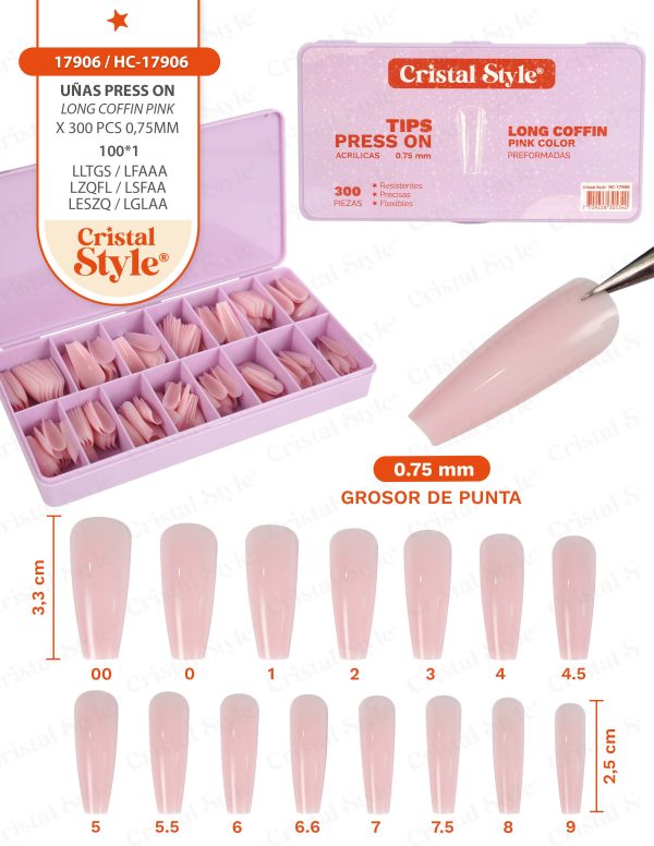 Press on efecto acrilico coffin pink color Cristal Style