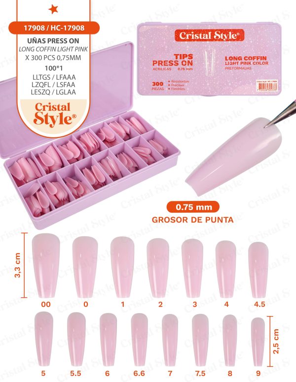 Press on efecto acrilico coffin light pink Cristal Style