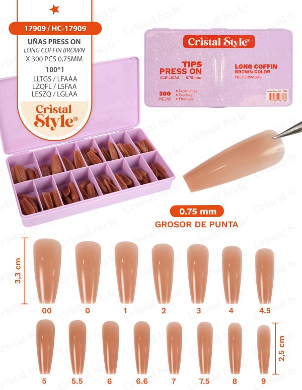 Press on efecto acrilico coffin brown color Cristal Style